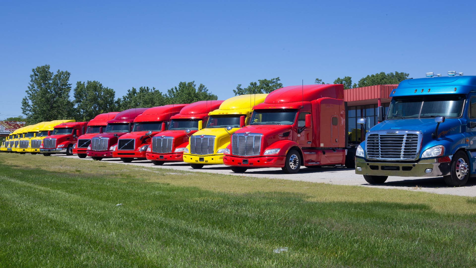 Row of colorful trucks.