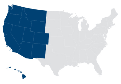 Map of the US with states in the West highlighted