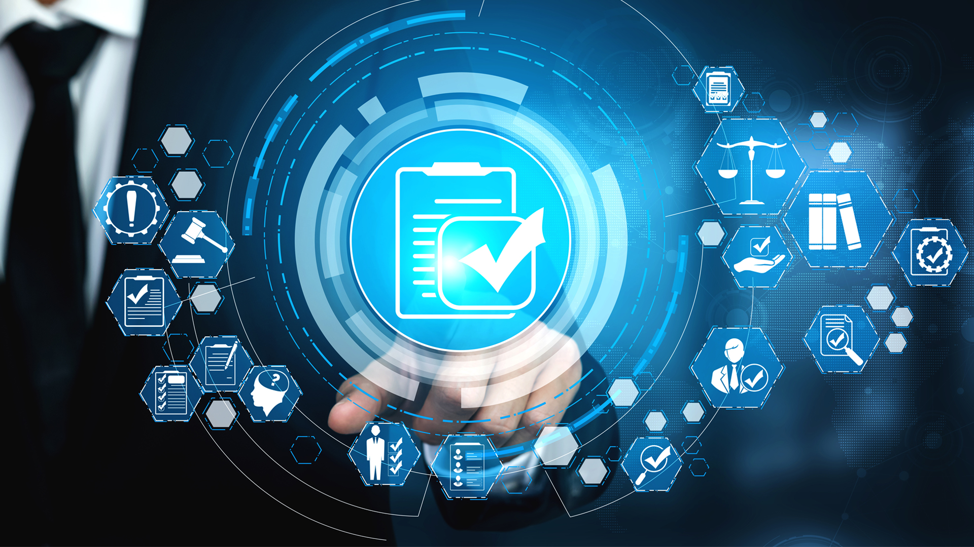 Compliance rule law and regulation graphic with white icons and dark blue background Image