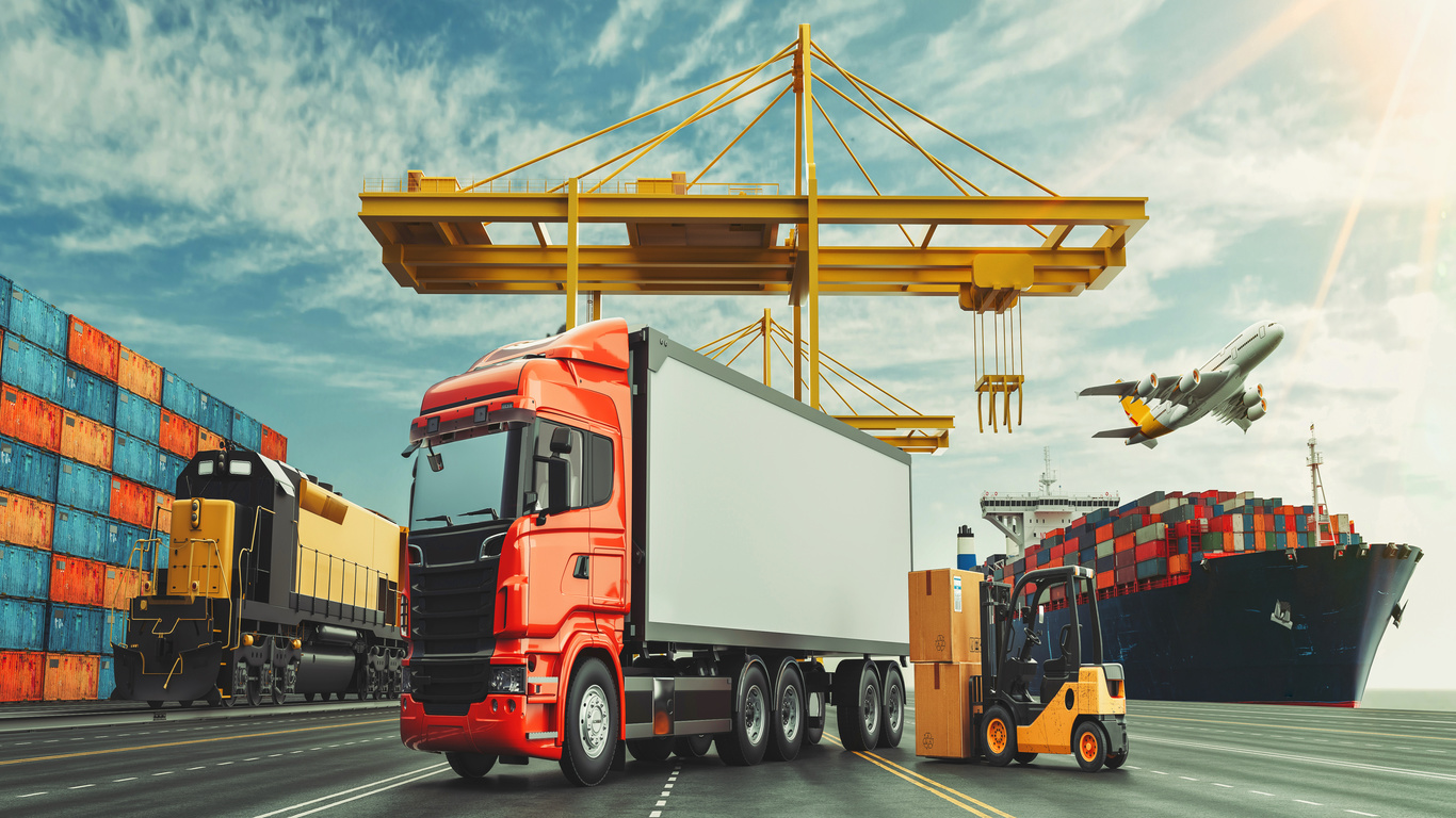 Image of a port with a truck, train, airplane, and ship