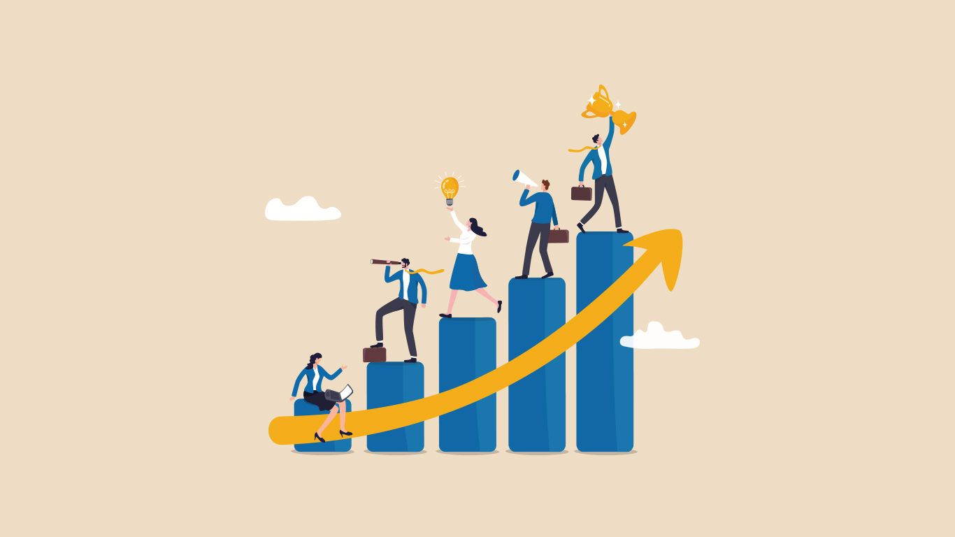 illustration, people climbing up bar graph